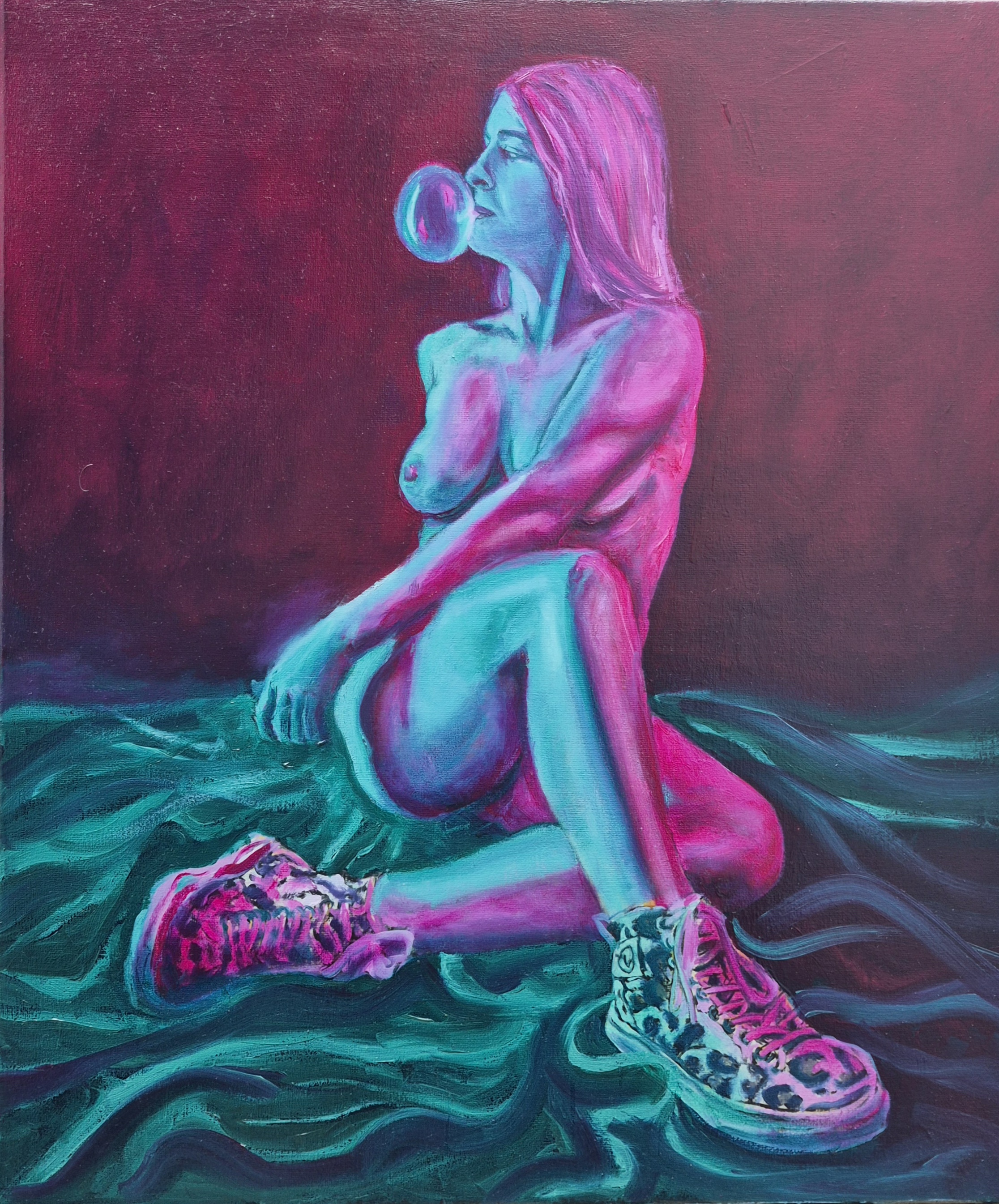 Oil painting of a seated nude figure blowing a bubblegum bubble, wearing patterned high-top trainers, in magenta and cyan on a deep red background